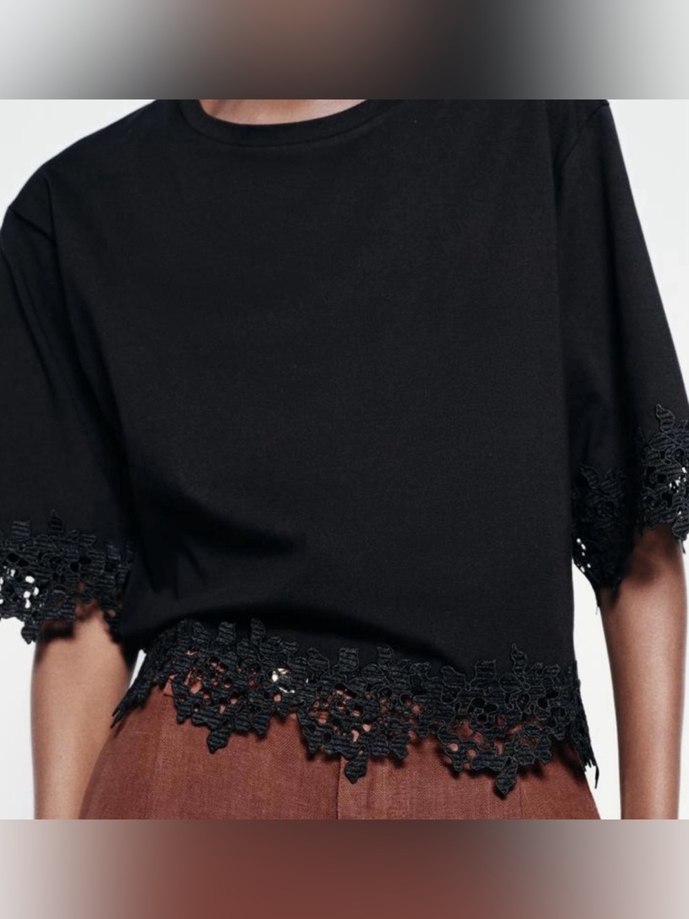Zara Black Short-Sleeve Oversized Cropped Lace-Hem Tee